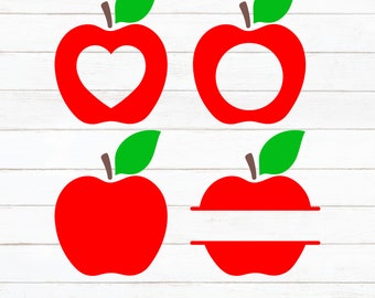 May include: Four red apple SVG cut files with different designs. The first apple has a heart shape cut out. The second apple has a circle cut out. The third apple is a solid apple. The fourth apple has a horizontal line cut out for a monogram.