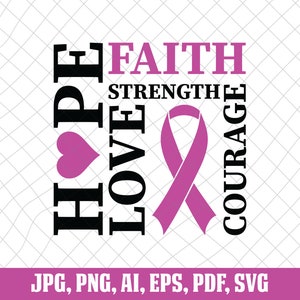 May include: A pink ribbon with the words "HOPE", "LOVE", "FAITH", "STRENGTH", and "COURAGE" arranged around it. The words are in black and the ribbon is pink. The words "JPG, PNG, AI, EPS, PDF, SVG" are at the bottom of the image.