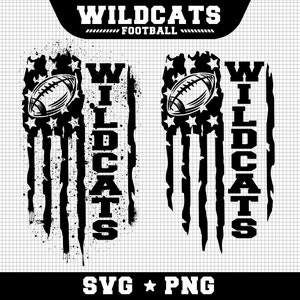 May include: Black and white graphic design of a football with stars and stripes, with the word "WILDCATS" and the text "FOOTBALL" below.  The design is perfect for a sports team or fan.