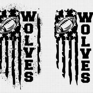 May include: Black and white graphic design of an American flag with a football and the word "WOLVES" vertically down the right side.