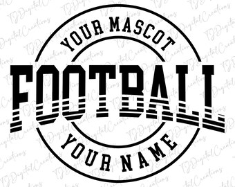 Könnte beinhalten: Schwarzweißes Grafikdesign eines Fußballs mit dem Text "YOUR MASCOT" und "YOUR NAME" in einem Kreis um den Fußball.
