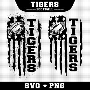 May include: Black and white graphic design of a football with stars and stripes, resembling an American flag, with the word "TIGERS" and the text "FOOTBALL" below.  SVG and PNG file formats are indicated.