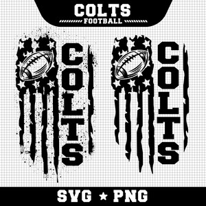 May include: Black and white graphic design of an American flag with a football and the word "COLTS" in a distressed font. The text "FOOTBALL" is below the word "COLTS". The design is on a white background with a grid pattern.