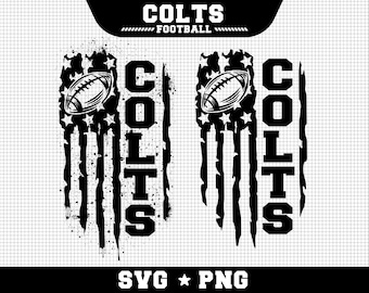 May include: Black and white graphic design of an American flag with a football and the word "COLTS" in a distressed font. The text "FOOTBALL" is below the word "COLTS". The design is on a white background with a grid pattern.