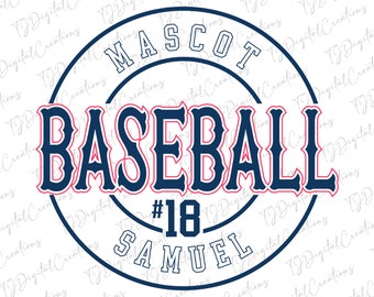 May include: A blue and red baseball mascot logo with the text "MASCOT BASEBALL #18 SAMUEL" in a white circle.