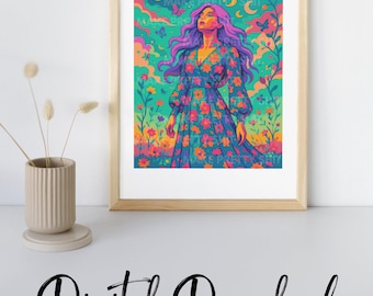 Lámina artística de diosa floral psicodélica: decoración bohemia colorida (descarga digital)