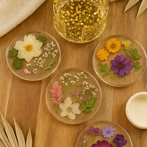 Handmade Resin Coaster Set: Real Pressed Flowers, Boho Decor