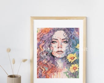 Retrato de mujer bohemia con girasoles: Arte mural femenino, salvaje y colorido (descarga digital)