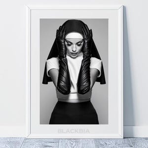 The Nun in a black and white outfit holds her head, printable wall art, The Nun wall decor, The Nun art print
