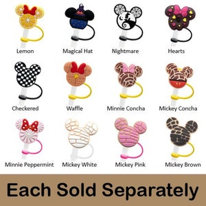 May include: A set of 12 colorful Mickey Mouse and Minnie Mouse themed charms for pens or pencils. The charms feature various designs, including a lemon, a waffle, a checkered pattern, a heart, a nightmare character, a magical hat, a Mickey Mouse head with a brown concha, a Minnie Mouse head with a brown concha, a Mickey Mouse head with a white concha, a Minnie Mouse head with a pink concha, a Mickey Mouse head with a brown concha, and a Minnie Mouse head with a peppermint design.