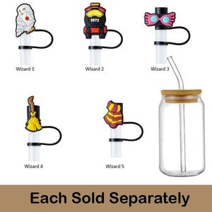 May include: Set of six colorful straw toppers featuring Harry Potter characters and symbols. The toppers include a white owl, a red train with the number 5972, a pair of pink glasses, a yellow broom, a red and yellow scarf, and a clear glass jar with a bamboo lid and a straw.