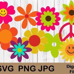 Bundle de fleurs en couches hippie, utilisation commerciale rétro des années 60, 70, 80, Silhouette Cricut, téléchargement immédiat, Groovy, Peace Love Flower Power SVG