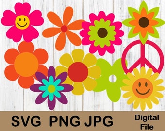 Hippie Layered Flower Bundle, Retro 60s, 70s, 80s, Cricut Silhouette, Instant Download, Groovy, Peace Love Flower Power, In My Era, SVG
