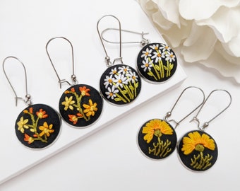 hand embroidered earrings, hand made earrings, embroidered jewelry, embroidery jewelry, hook earrings, round earrings, hand stitched earring