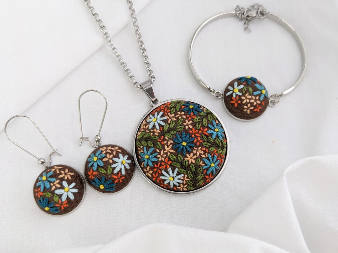 Hand Embroidered Jewelry, Wildflower, Jewelry Set, Mix Flowers, Small