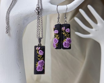 Hand Embroidery, Purple Roses, Jewelry Set, Hand Stitch, Gift for Her, Rose Jewelry, Floral Jewelry, Hand Embroidered Jewelry