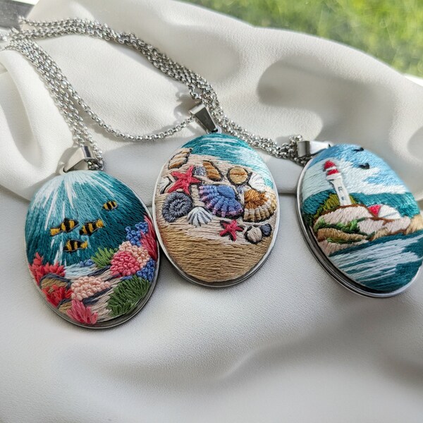 Hand Embroidered Jewelry, Ocean, Landscape Embroidered Jewelry Set, Lighthouse, Underwater, Shell, Embroidered Jewelry