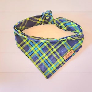 Blue Plaid Dog Bandana Flannel Dog Bandana Tie & Snap Dog Bandana  Puppy Scarf Winter Pet Bandana Puppy Gift Dog Clothes Blue Lime Green