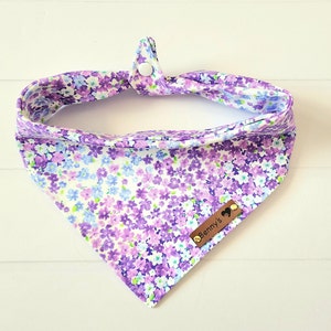 Spring Dog Bandana,  Floral Dog Bandana, Purple Floral Dog Bandana, Tie & Snap Bandana, Purple Lavender White, Girl Dog Bandana, Dog Gift