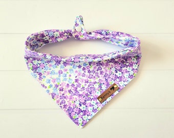 Spring Dog Bandana,  Floral Dog Bandana, Purple Floral Dog Bandana, Tie & Snap Bandana, Purple Lavender White, Girl Dog Bandana, Dog Gift