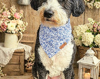 Blue Floral Dog Bandana: Cotton Tie & Snap Puppy Scarf
