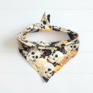 Pañuelo para perro de Halloween – Estampado de calavera, bufanda de disfraz con lazo y broche