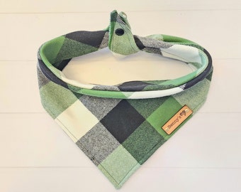 Green Plaid Dog  Bandana Green Dog Bandana Flannel Pet BandanaTie & Snap Bandana Winter Dog Scarf Puppy  Dog Gift Dog Mom Green Cream Black