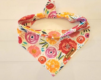 Floral Dog Bandana: Coral Pink Cotton Tie & Snap Scarf