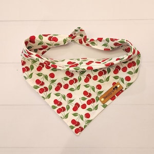 Cherry Dog Bandana  Summer Dog Bandana  Tie & Snap Dog Bandana  Puppy Scarf  Dog Neckerchief Puppy Gift  Red White Green