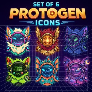 May include: A set of 6 digital Protogen icons featuring stylized robotic creatures with various themes including neon colors, a high score arcade display, aquatic scales, and a galaxy pattern, all set against a dark blue grid background.
