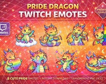 Pride Dragon Twitch-emoties | 8 schattige emotes en stickers regenboogdraak - LGBTQ+ streamer-items