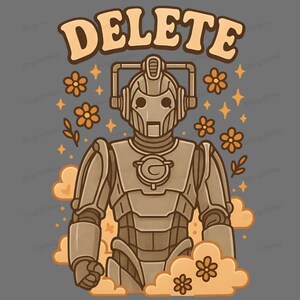 A robot wearing a helmet and surrounded by flowers and stars, with the word "DELETE" prominently displayed above it.