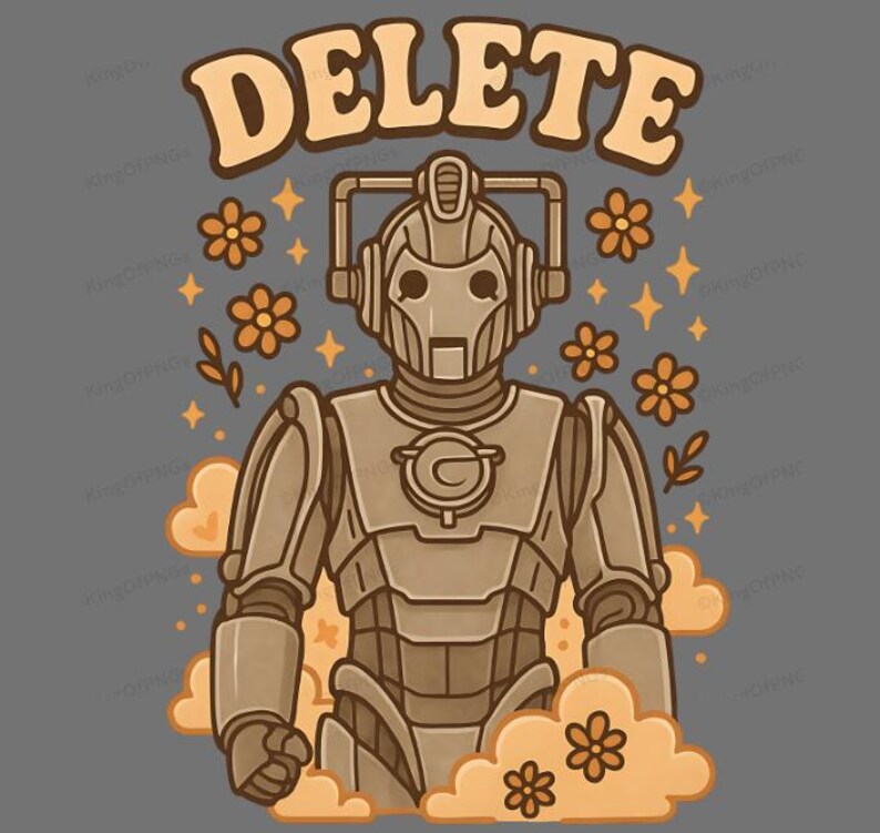 A robot wearing a helmet and surrounded by flowers and stars, with the word "DELETE" prominently displayed above it.
