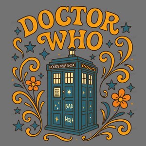 a stylized illustration of a police box with decorative elements surrounding it, including stars, flowers, and swirls.