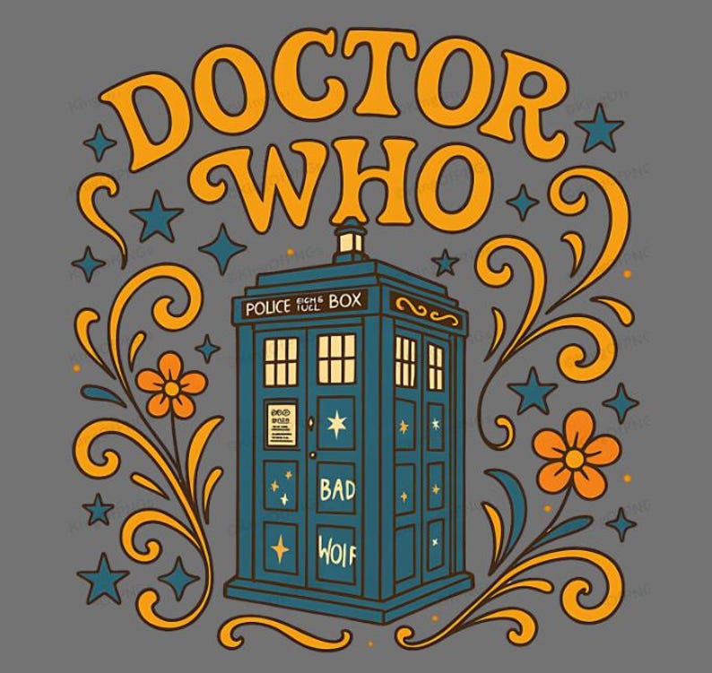 a stylized illustration of a police box with decorative elements surrounding it, including stars, flowers, and swirls.