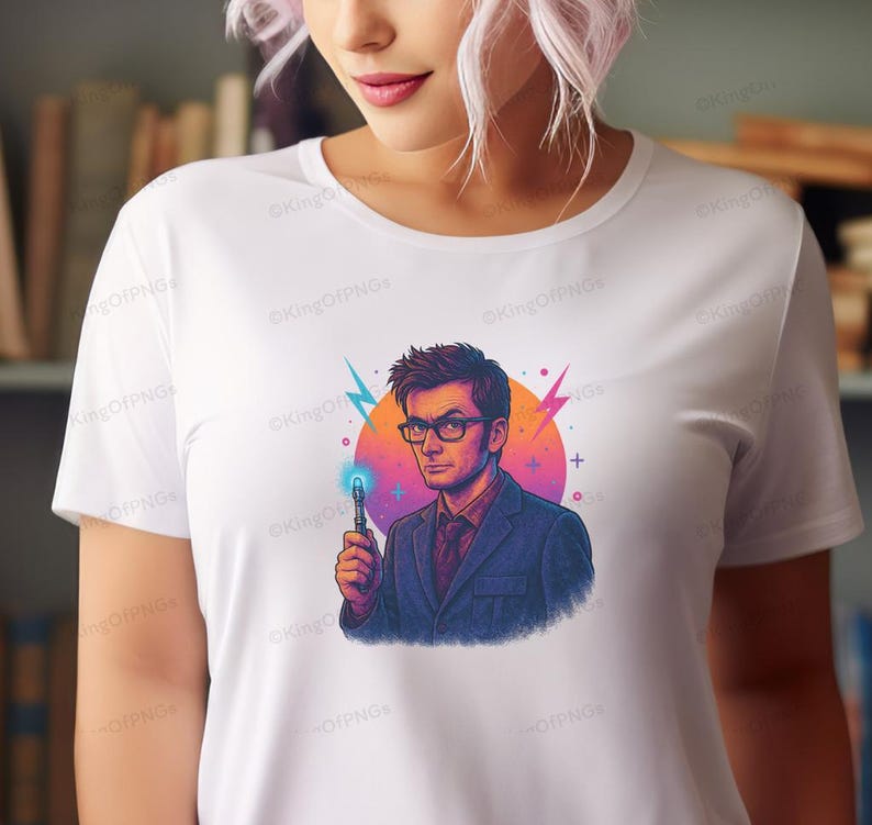 A woman wearing a white t-shirt with a colorful illustration of a man holding a futuristic-looking device.