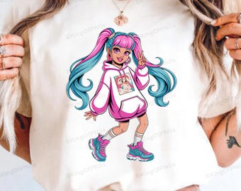 Funky kawaii anime meisje trendy print-on-demand T-shirt grafisch - transparante png, 300 dpi