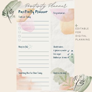 Positivity Planer / druckbar und bearbeitbar / 4 Größen A4, A5, Letter Größe, Half Letter Größe / PDF & PNG Format