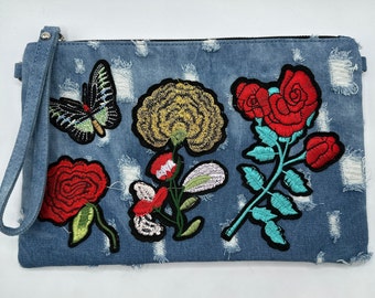 Denim Clutch, Rose Embroidery Clutch, Cute Gift Clutch, Clutch with Metal Shoulder Strap, Crossbody Clutch, 90s Vibe