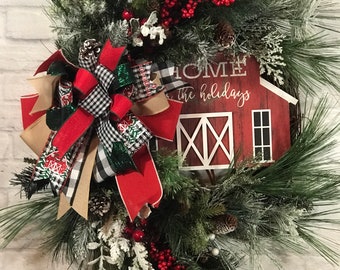 Farmhouse wreath, Christmas wreath, Merry Christmas wreath, Buffalo-print Christmas wreath, Christmas Decor, Gift, Hostess gift, Barn Wreath