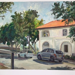 May include: A painting of a white building with an orange roof, surrounded by trees. Two cars are parked in front of the building, one is blue and the other is white. The painting is signed "T.S. 2023" in the bottom right corner.