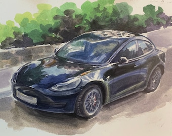 Tesla, Model 3 (Black) - original print from a watercolor painting
