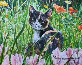 Cat in a Flower Field - prints from a watercolor painting