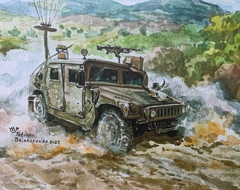 IDF Humvee with a bull skull on the hood - prints from a watercolor painting