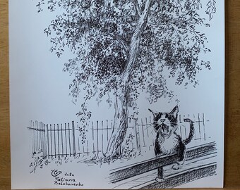 Yawning Cat in the Park - original black and white art print