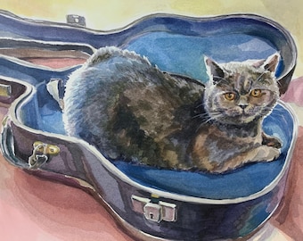 British Shorthair Cat In A Guitar Case - original print from a watercolor painting