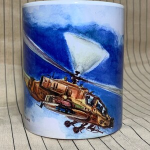 May include: A watercolor painting of a military helicopter flying in a blue sky with white clouds. The helicopter is painted in camouflage colors and has a large rotor blade.