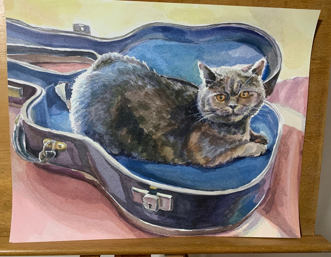 British Shorthair Cat in A Guitar Case - Original Print From a ...