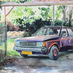 May include: A watercolor painting of a purple car parked under a wooden awning. The car is a vintage model with a chrome bumper and a yellow license plate. The car is surrounded by green trees and bushes.