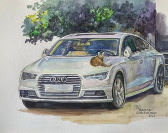 Audi A7 and Cat - original print from a watercolor painting